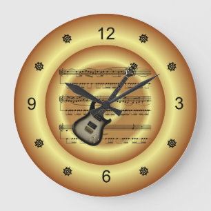 Reloj Redondo Grande Guitarra eléctrica ~ Hoja de música ~ Fondo de oro