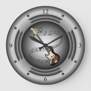 Reloj Redondo Grande Guitarra eléctrica ~ Musical ~ Portavoz plateado