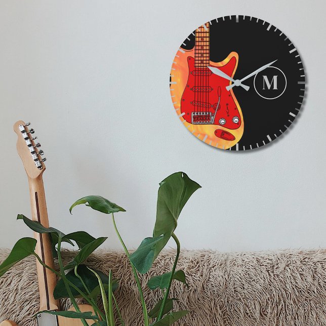 Reloj Redondo Grande Guitarra eléctrica personalizada (Electric guitar monogram black wall clock)