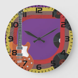 Reloj Redondo Grande Guitarra Eléctrica y Discos de Vinilo Música Vinta