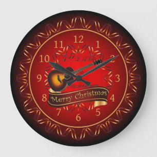 Reloj Redondo Grande Guitarra, Feliz Navidad, Marrón y Negro ~