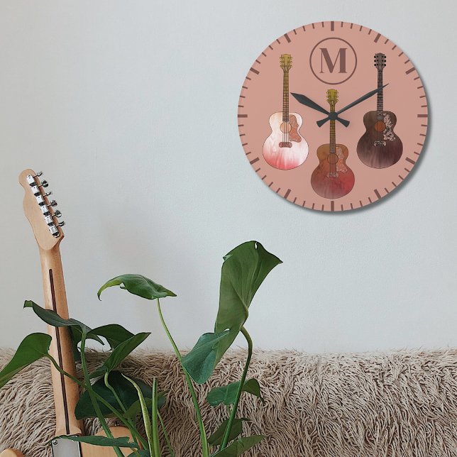 Reloj Redondo Grande guitarras acústicas personalizadas Rustic Brown (Acoustic guitar custom monogram initial rustic brown wall clock for guitarist musicians)
