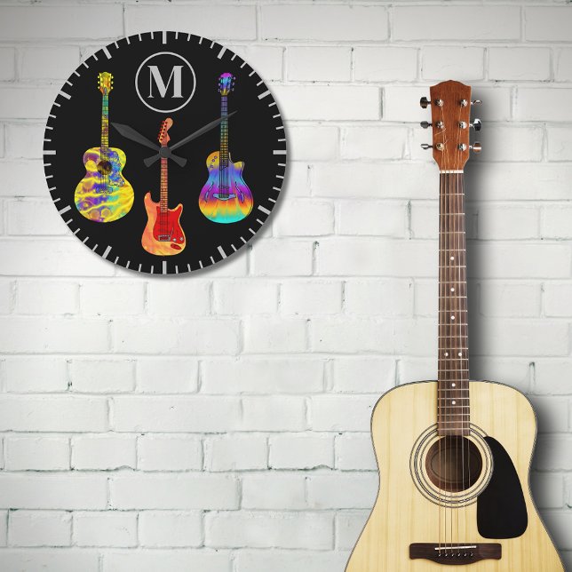Reloj Redondo Grande Guitars graciosos sicodélicos (Cool colorful guitar black monogram modern wall clock for guitarist and musicians )