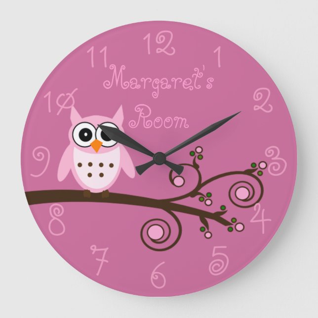 Reloj Redondo Grande Habitación personalizada de Chica de Lechuza Rosa