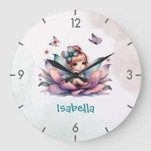 Reloj Redondo Grande Hada bonita sentada dentro de una flor