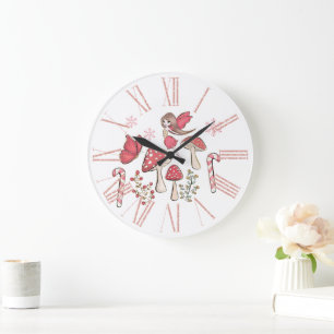 Reloj Redondo Grande Hada Navideña Adorable y Hongos