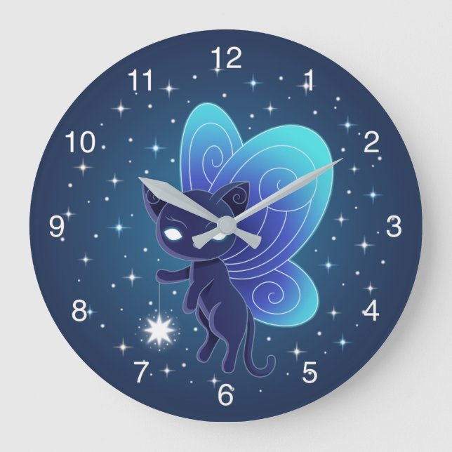 Reloj Redondo Grande Hada Pixie Gato Estrella Nocturna (Anverso)