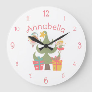 Reloj Redondo Grande Hadas de Navidad Lindas con Nombre Personalizado