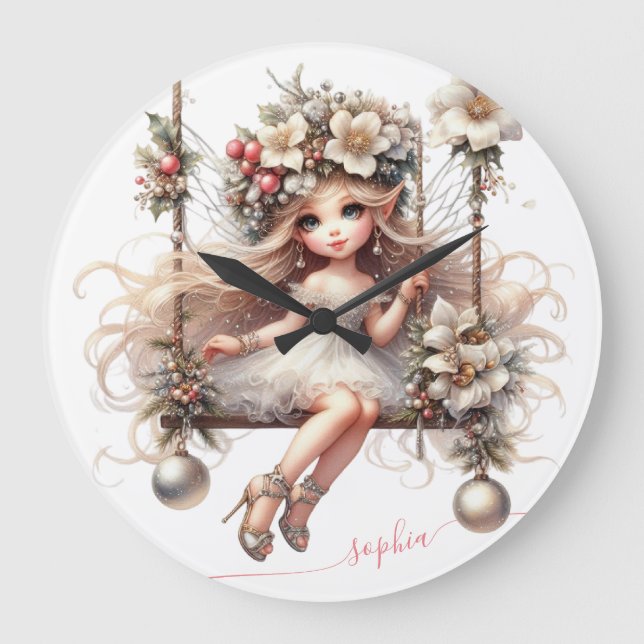 Reloj Redondo Grande Hadas de Navidades blancos (Anverso)