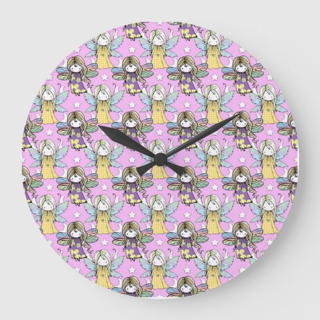 Reloj Redondo Grande Hadas Lindas y Estrellas y Lunas Patrón (Anverso)