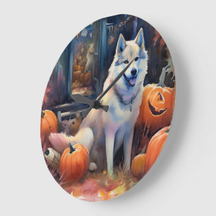 Reloj Redondo Grande Halloween Alaskan Malamute con calabazas aterrador