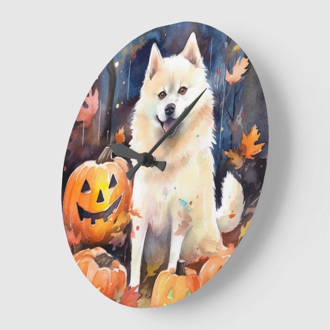 Reloj Redondo Grande Halloween American Akita con calabazas aterradoras (Ángulo)