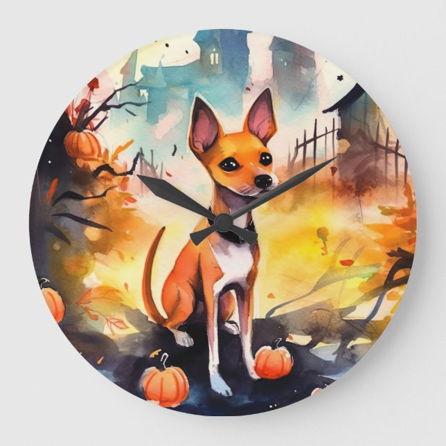 Reloj Redondo Grande Halloween Basenji con calabazas temerosas (Anverso)