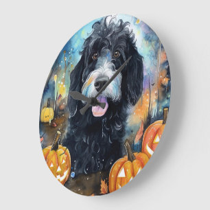 Reloj Redondo Grande Halloween Bernedoodle Con Calabazas Asustadas