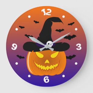 Reloj Redondo Grande Halloween Calabaza Jack o’ Lantern Witch Gorra
