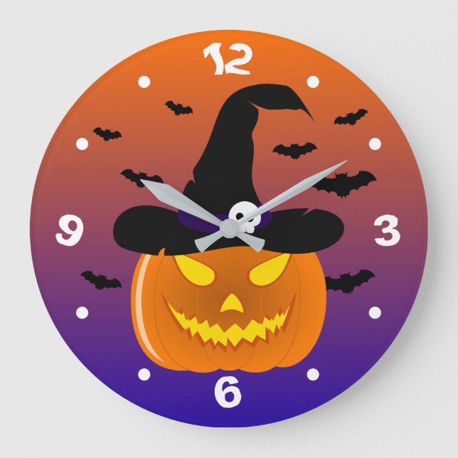 Reloj Redondo Grande Halloween Calabaza Jack o’ Lantern Witch Gorra (Anverso)