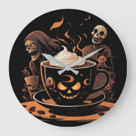 Reloj Redondo Grande Halloween Coffee Art – Spooky Latte with Skeletons