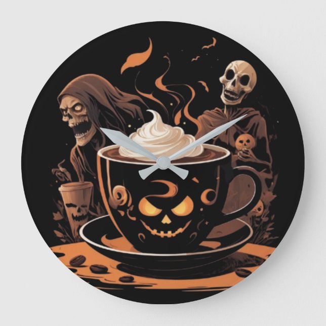 Reloj Redondo Grande Halloween Coffee Art – Spooky Latte with Skeletons (Anverso)
