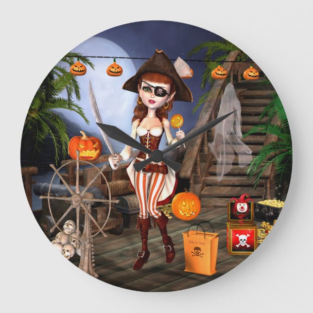 Reloj Redondo Grande Halloween Cute Pirate Girl Wall Clock (Anverso)