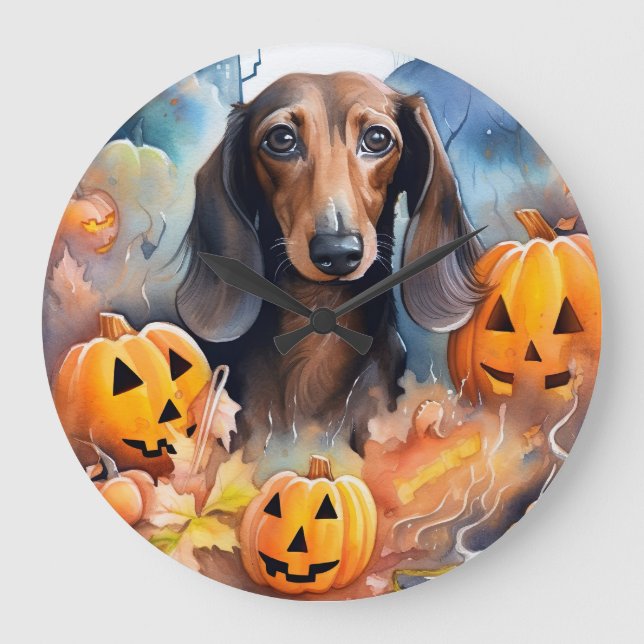 Reloj Redondo Grande Halloween de Dachshund con calabazas aterradoras (Anverso)