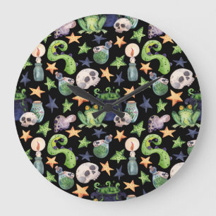Reloj Redondo Grande Halloween de fantasía: Patrón oscuro dibujado a ma