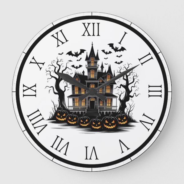 Reloj Redondo Grande Halloween de Hauned House con calabazas y murciéla (Anverso)