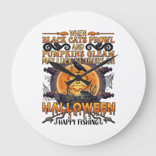 Reloj Redondo Grande Halloween Feliz Pesca Gatos Negros Calabazas Cuerv