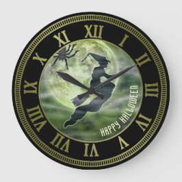 Reloj Redondo Grande Halloween Flying Witch Silhouette Green Full Moon