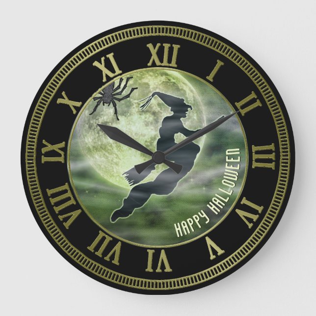 Reloj Redondo Grande Halloween Flying Witch Silhouette Green Full Moon (Anverso)