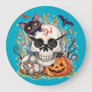 Reloj Redondo Grande Halloween,Gatito de Azúcar Calavera ,Lindo,Jack O