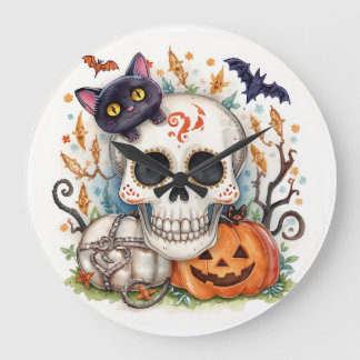 Reloj Redondo Grande Halloween,Gatito de Azúcar Calavera ,Lindo,Jack O