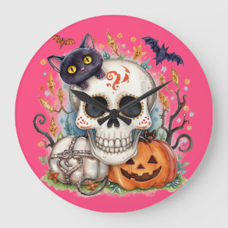 Reloj Redondo Grande Halloween,Gatito de Azúcar Calavera ,Lindo,Jack O