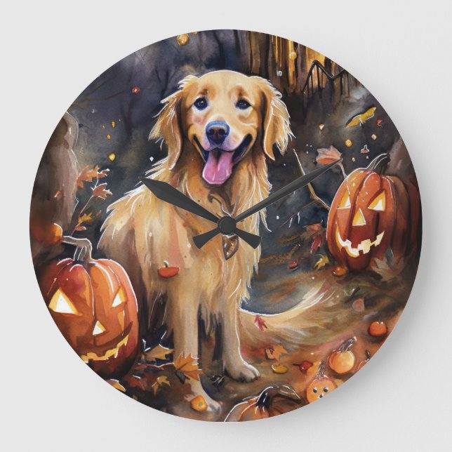 Reloj Redondo Grande Halloween Golden Retriever con calabazas aterrador (Anverso)