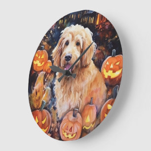 Reloj Redondo Grande Halloween Goldendoodle con calabazas aterradoras