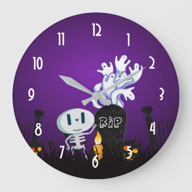 Reloj Redondo Grande Halloween Graveyard Cute Skeleton and Ghosts (Anverso)