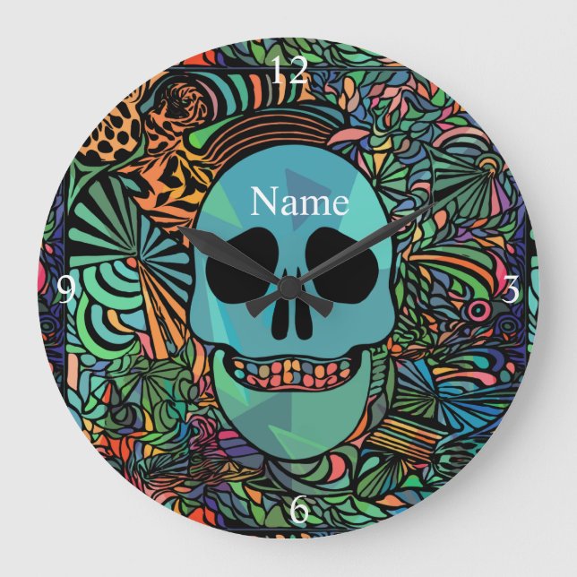 Reloj Redondo Grande Halloween Hippie Skull Thunder_Cove (Anverso)