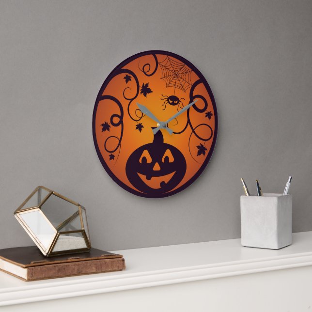 Reloj Redondo Grande Halloween Jack o linterna cara de calabaza y araña (Oficina)