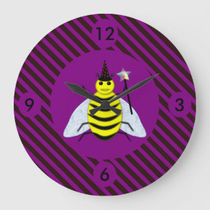 Reloj Redondo Grande Halloween Magic Bee Wizard Purple and Black Stripe
