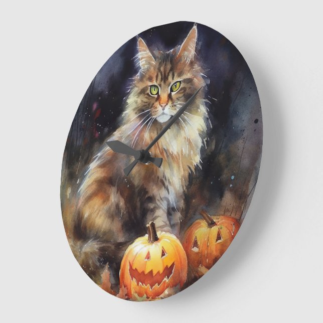 Reloj Redondo Grande Halloween Maine Coon Cat Con Calabazas Temerosas (Ángulo)