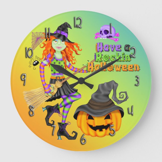 Reloj Redondo Grande Halloween Rockin Witch Round Wall Clock (Anverso)