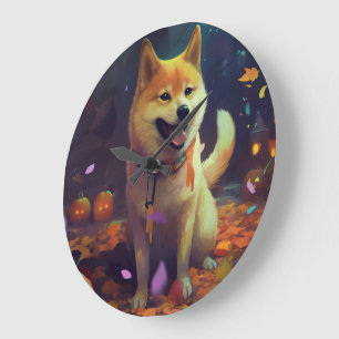 Reloj Redondo Grande Halloween Shiba Inu con calabazas aterradoras