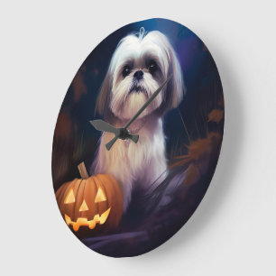 Reloj Redondo Grande Halloween Shih Tzu con calabazas aterradoras