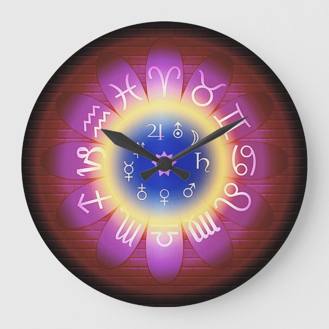 Reloj Redondo Grande Halo rosado Zodiac Símbolos Astrología Símbolos Mu (Anverso)