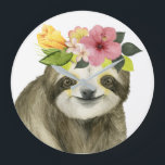 Reloj Redondo Grande Halo tropical | Sweet Sloth<br><div class="desc">Esta acuarela está decorada con una pereza adornada con una corona floral | Por Grace Popp. ID de la imagen: 123776GG</div>