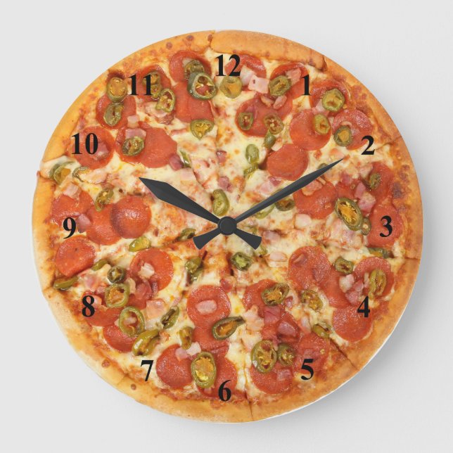 Reloj Redondo Grande Ham Peppers Caseros Pepperoni Pizza Time (Anverso)