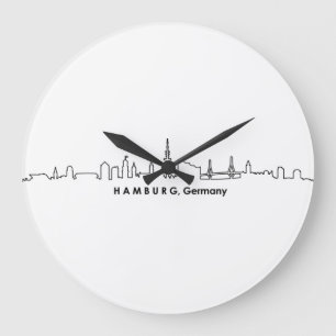 Reloj Redondo Grande HAMBURG Elbe Alemania Skyline Silhouette