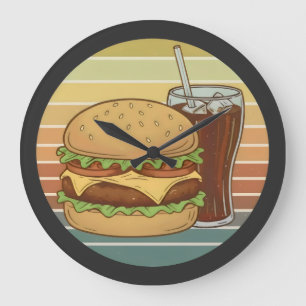 Reloj Redondo Grande Hamburguesa retro y cola.