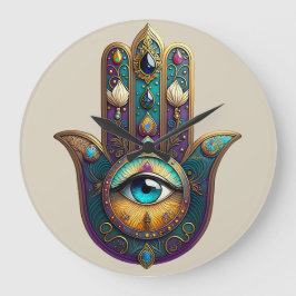 Reloj Redondo Grande Hamsa Violeta Dorado Teal con Tercer Ojo Turquesa