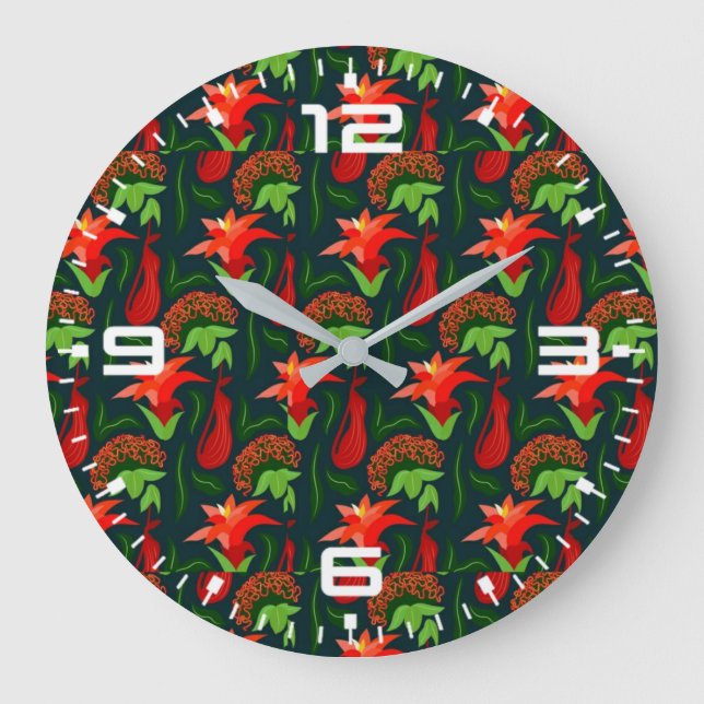 Reloj Redondo Grande Hand Painted Exotic Red Flowers Pattern-15541 (Anverso)