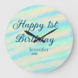 Reloj Redondo Grande Happy 1st birthday kids baby blue green pastel ret